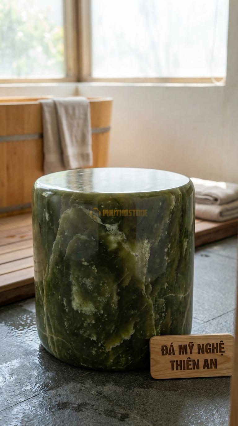 Đôn Đá Serpentine Đá Cuội Đại Chế Tác Từ Viên Đá Cuội Khổng Lồ, Mặt Mài Phẳng Khoảng Đường Kính 40cm x H40cm
