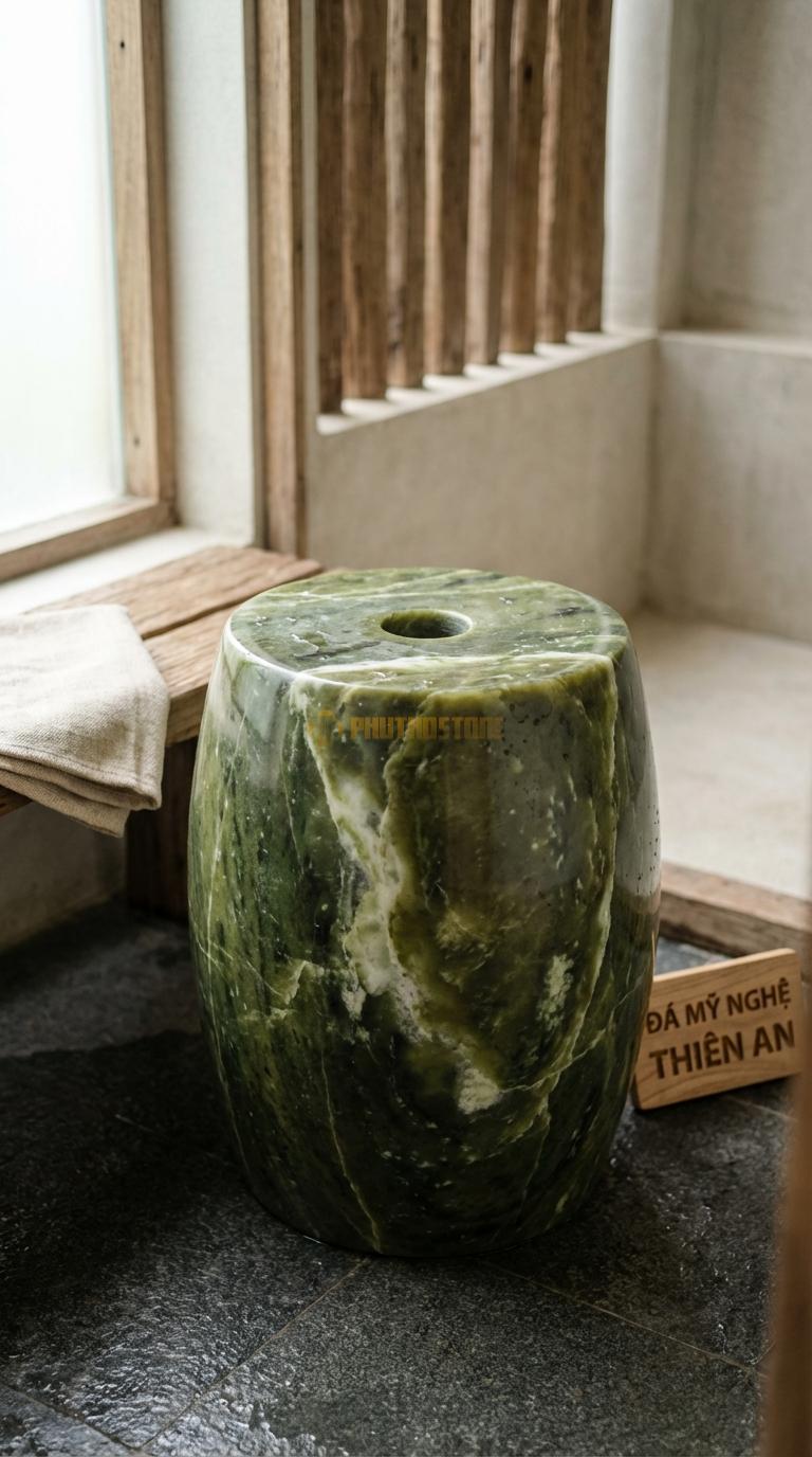 Đôn Đá Serpentine Trống Truyền Thống Dáng Trống Đục Lỗ Tròn Ở Giữa Mặt Đường Kính 30cm x H42cm