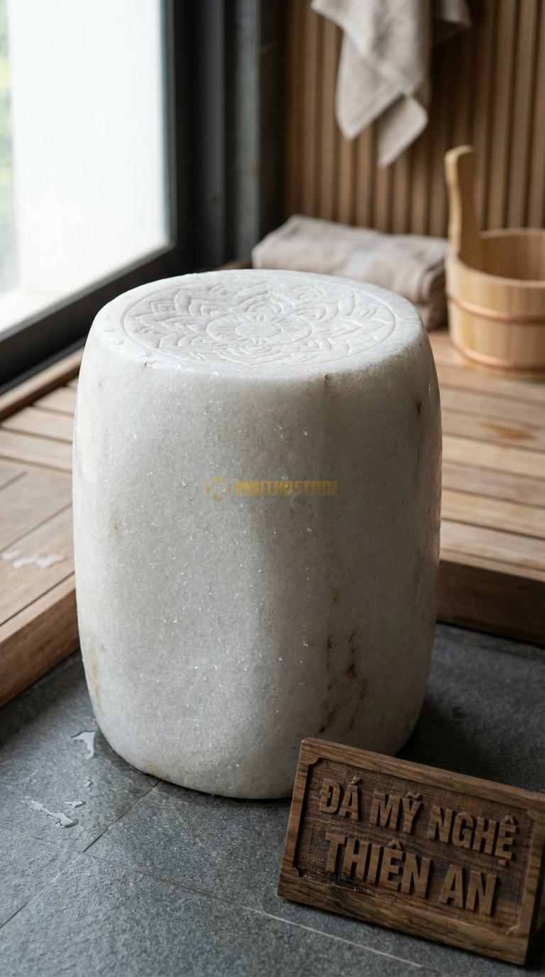 Đôn Đá Trắng Muối Đá Chạm Hoa Văn Mandala Mặt Đôn Chạm Khắc Vòng Tròn Mandala Nghệ Thuật Đường Kính 30cm x H42cm