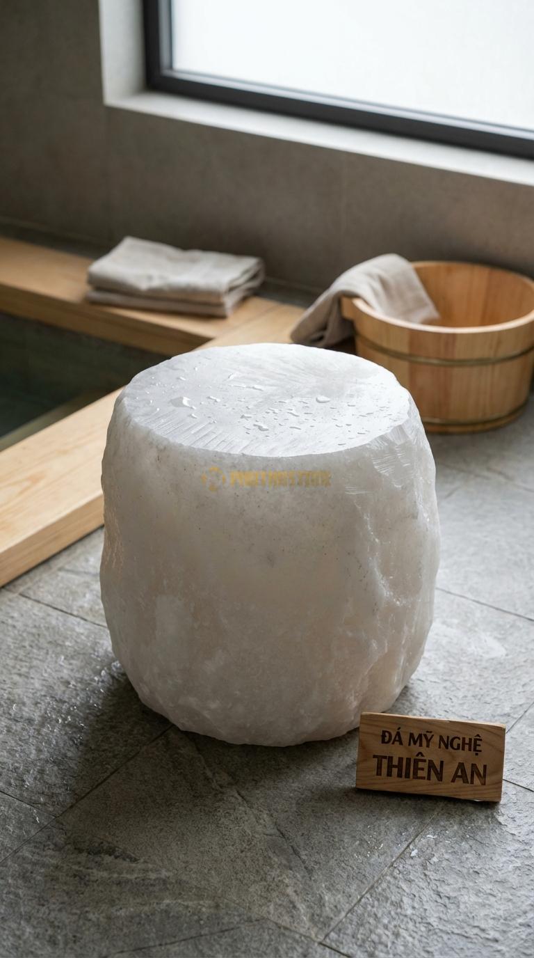 Đôn Đá Trắng Muối Đá Cuội Đại Chế Tác Từ Viên Đá Cuội Khổng Lồ, Mặt Mài Phẳng Khoảng Đường Kính 40cm x H40cm