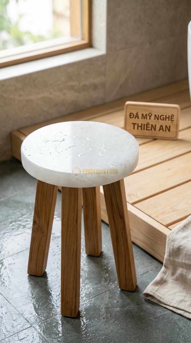 Đôn Đá Trắng Muối Đá Kết Hợp Gỗ Teak Mặt Đá, Chân Bằng Gỗ Teak Kháng Nước Đường Kính 35cm x H45cm
