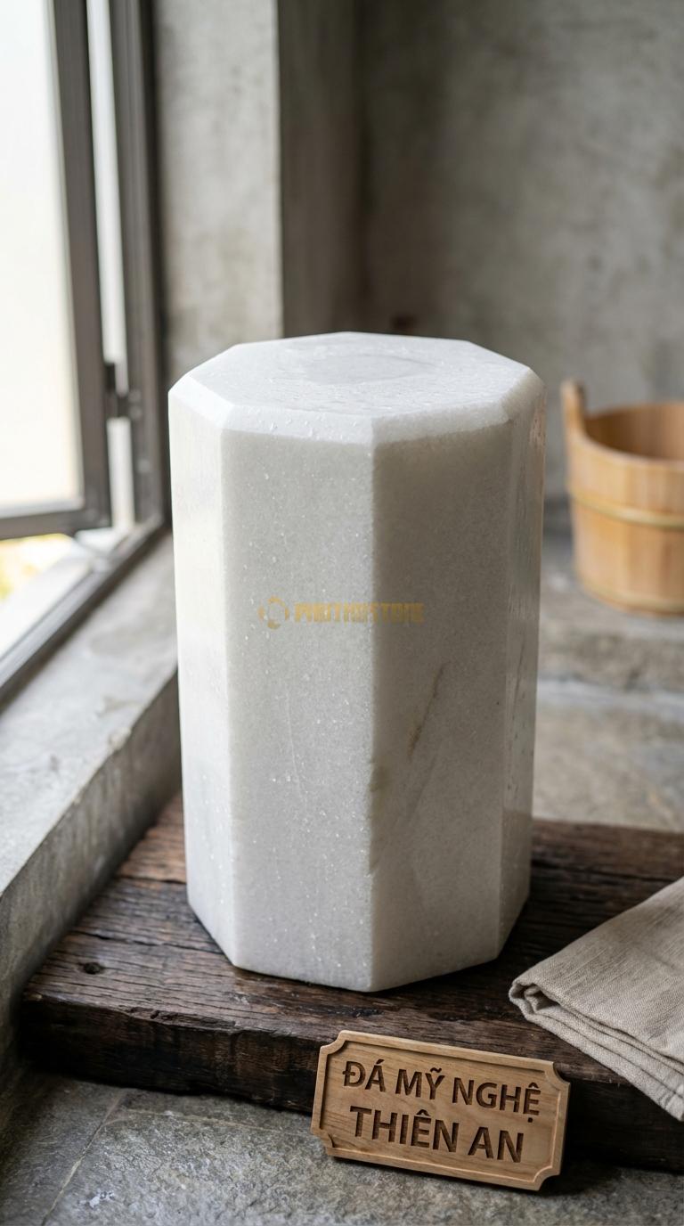 Đôn Đá Trắng Muối Lục Giác Vát Cạnh Mặt Trên Lục Giác, Thân Vát Theo Hình Khối Cạnh 18cm x H45cm