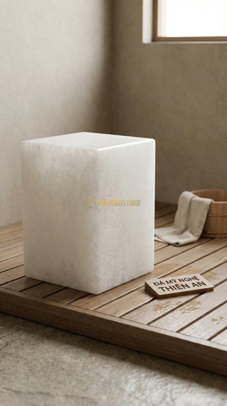 Đôn Đá Trắng Muối Vuông Minimalist Hình Khối Lập Phương Trơn Mài Bóng Các Mặt 30cm x 30cm x H45cm