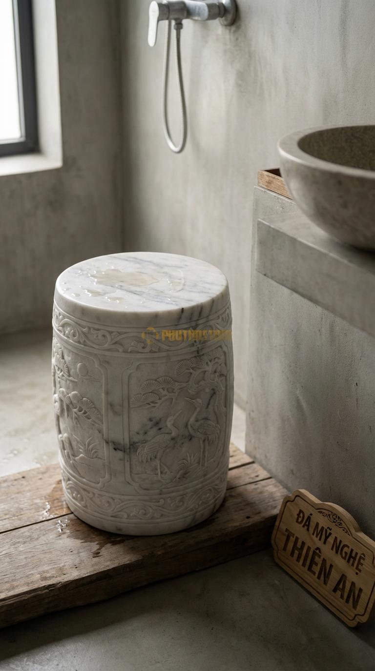Đôn Đá Trắng Xanh Chạm Tùng Hạc Thân Đôn Chạm Tranh Phong Cảnh Tinh Xảo Đường Kính 32cm x H45cm