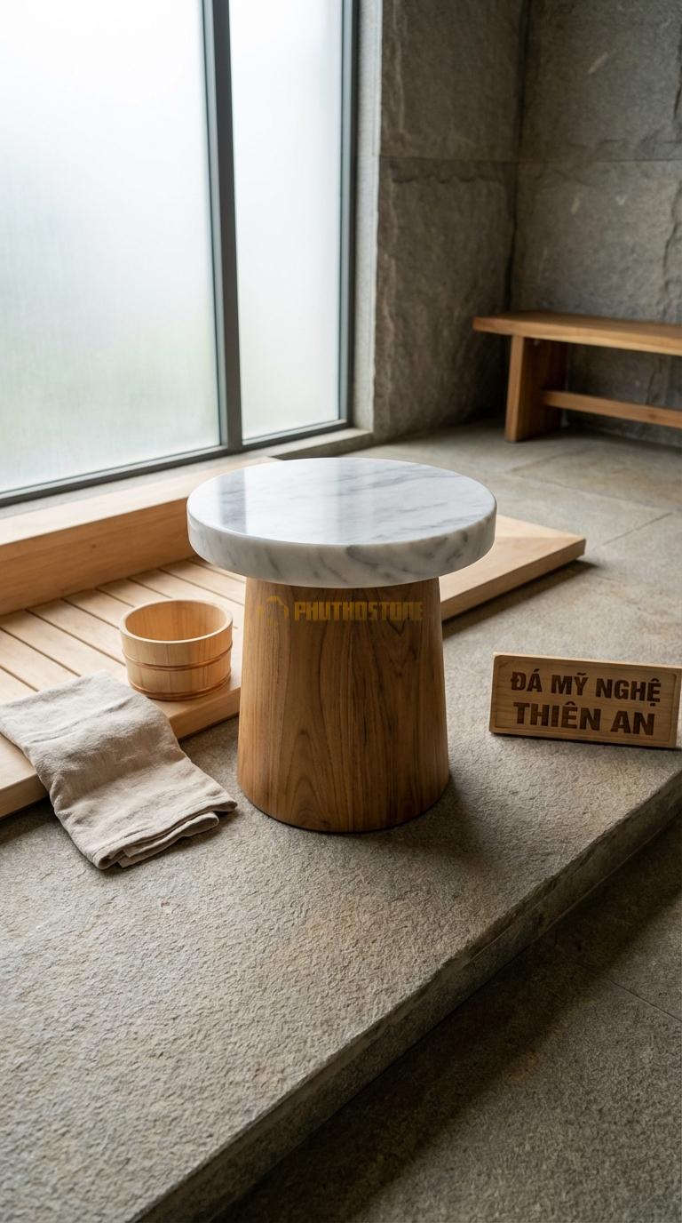 Đôn Đá Trắng Xanh Đá Kết Hợp Gỗ Teak Mặt Đá, Chân Bằng Gỗ Teak Kháng Nước Đường Kính 35cm x H45cm