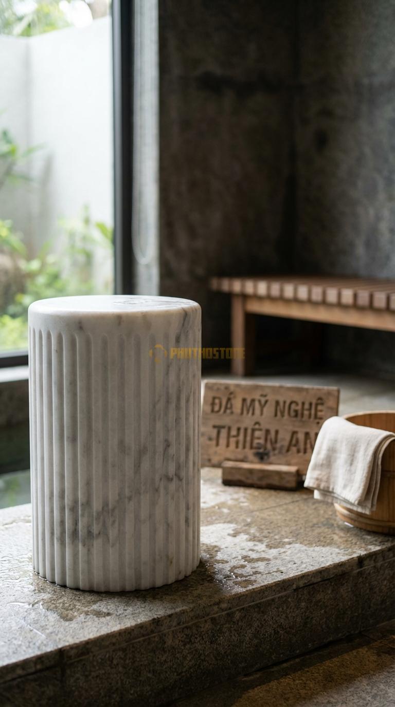 Đôn Đá Trắng Xanh Trụ Tròn Soi Rãnh Toàn Thân Soi Rãnh Dọc Kiểu Cột Hy Lạp Đường Kính 28cm x H44cm