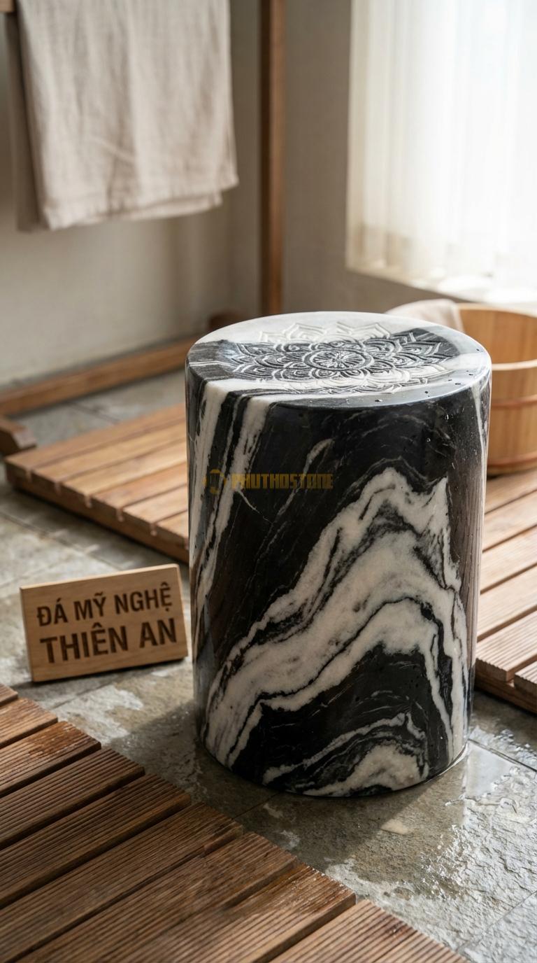 Đôn Đá Tuyết Sơn Đá Chạm Hoa Văn Mandala Mặt Đôn Chạm Khắc Vòng Tròn Mandala Nghệ Thuật Đường Kính 30cm x H42cm