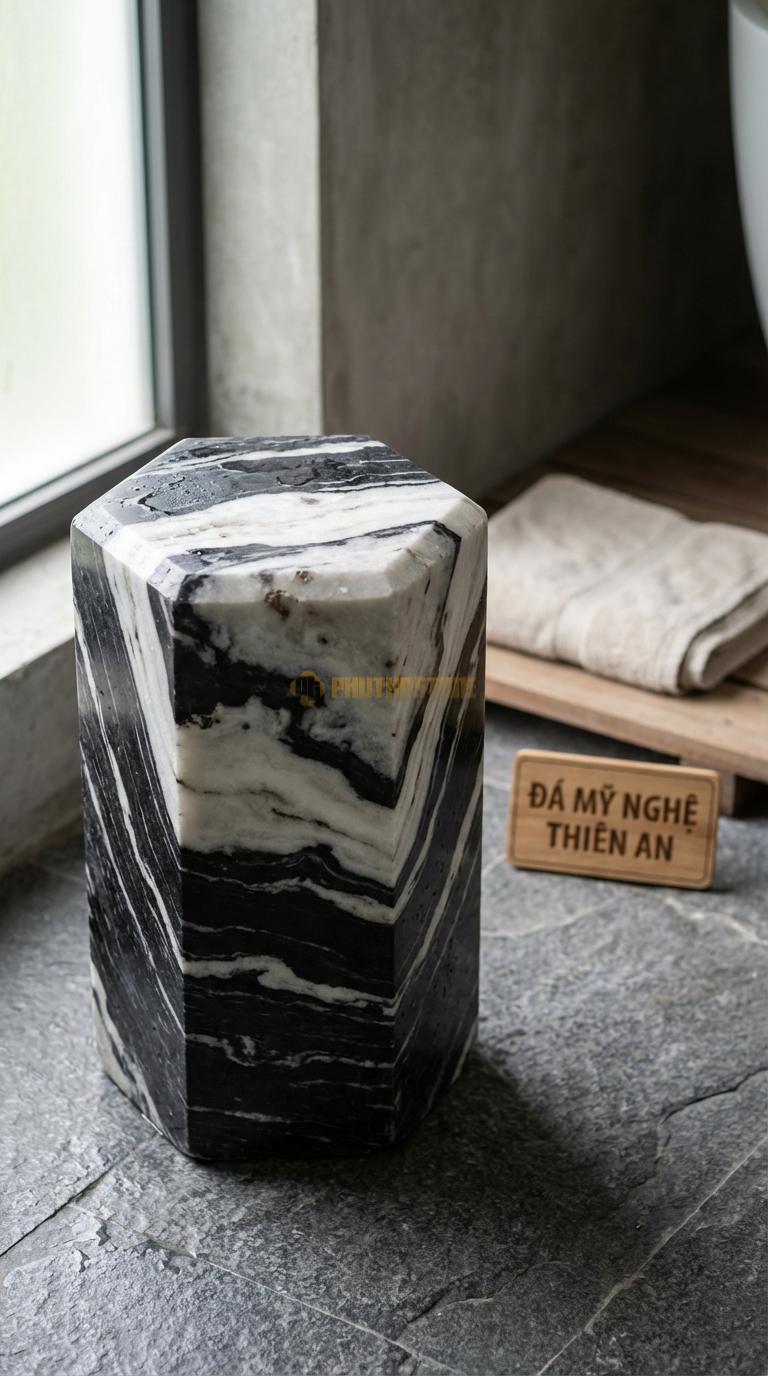 Đôn Đá Tuyết Sơn Lục Giác Vát Cạnh Mặt Trên Lục Giác, Thân Vát Theo Hình Khối Cạnh 18cm x H45cm