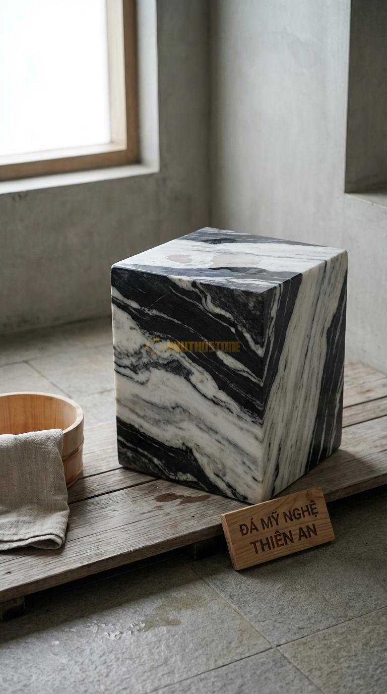 Đôn Đá Tuyết Sơn Vuông Minimalist Hình Khối Lập Phương Trơn Mài Bóng Các Mặt 30cm x 30cm x H45cm