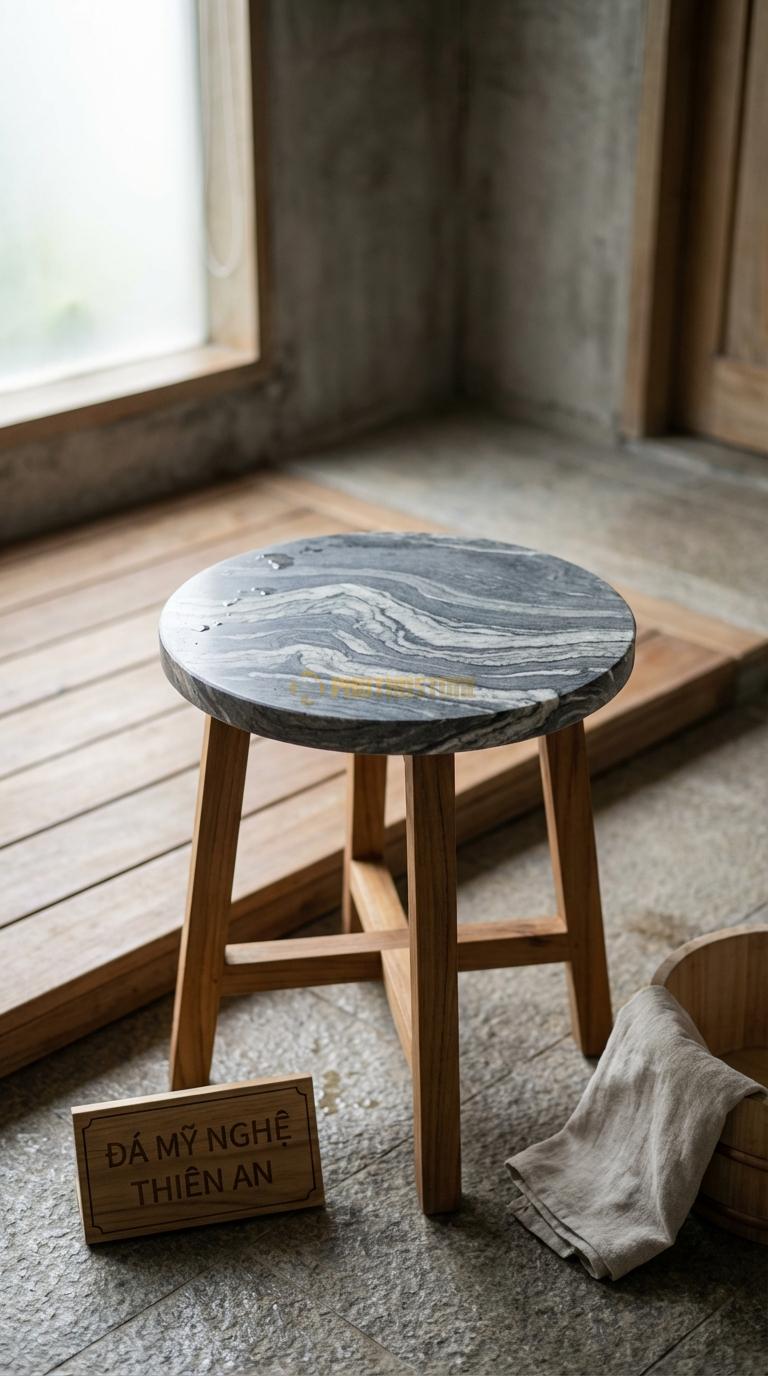 Đôn Đá Vân Mây Đá Kết Hợp Gỗ Teak Mặt Đá, Chân Bằng Gỗ Teak Kháng Nước Đường Kính 35cm x H45cm
