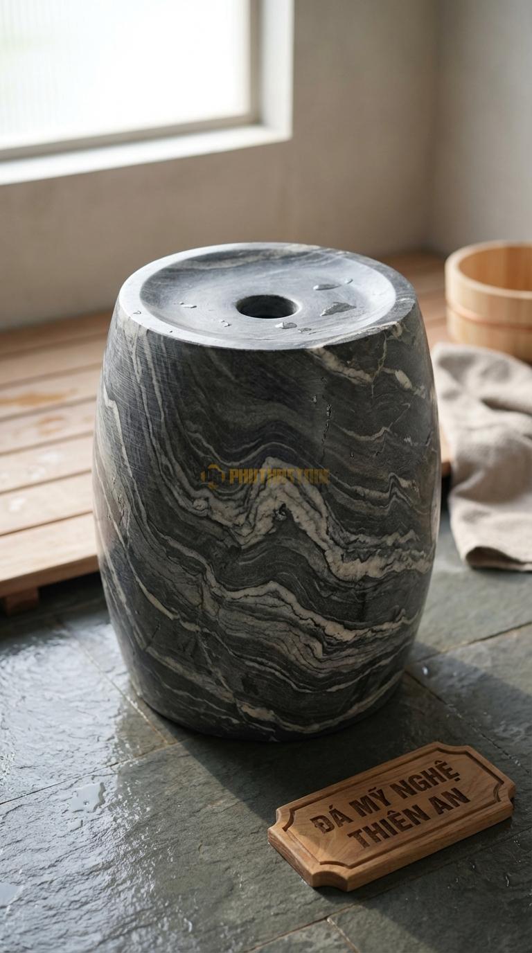 Đôn Đá Vân Mây Trống Truyền Thống Dáng Trống Đục Lỗ Tròn Ở Giữa Mặt Đường Kính 30cm x H42cm