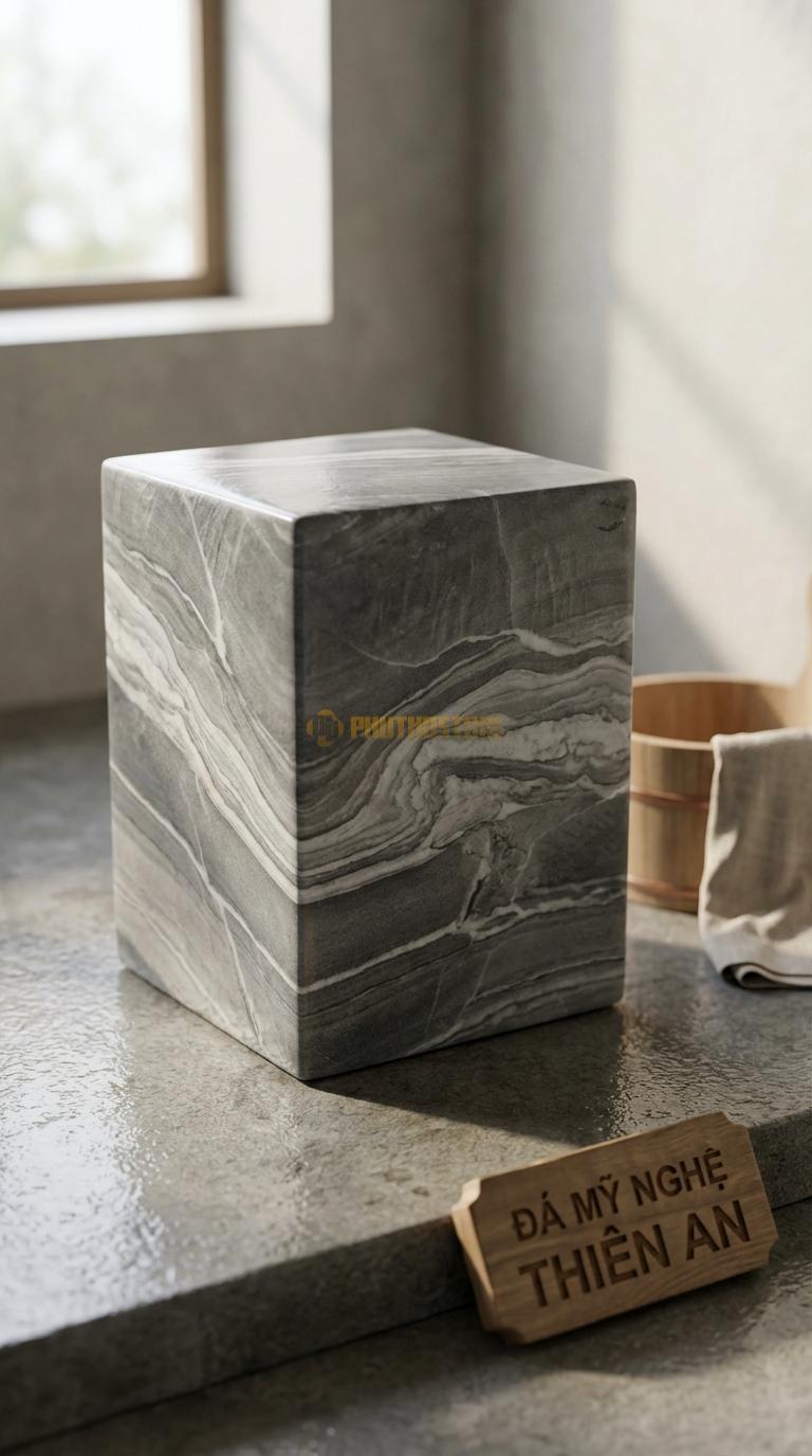Đôn Đá Vân Mây Vuông Minimalist Hình Khối Lập Phương Trơn Mài Bóng Các Mặt 30cm x 30cm x H45cm