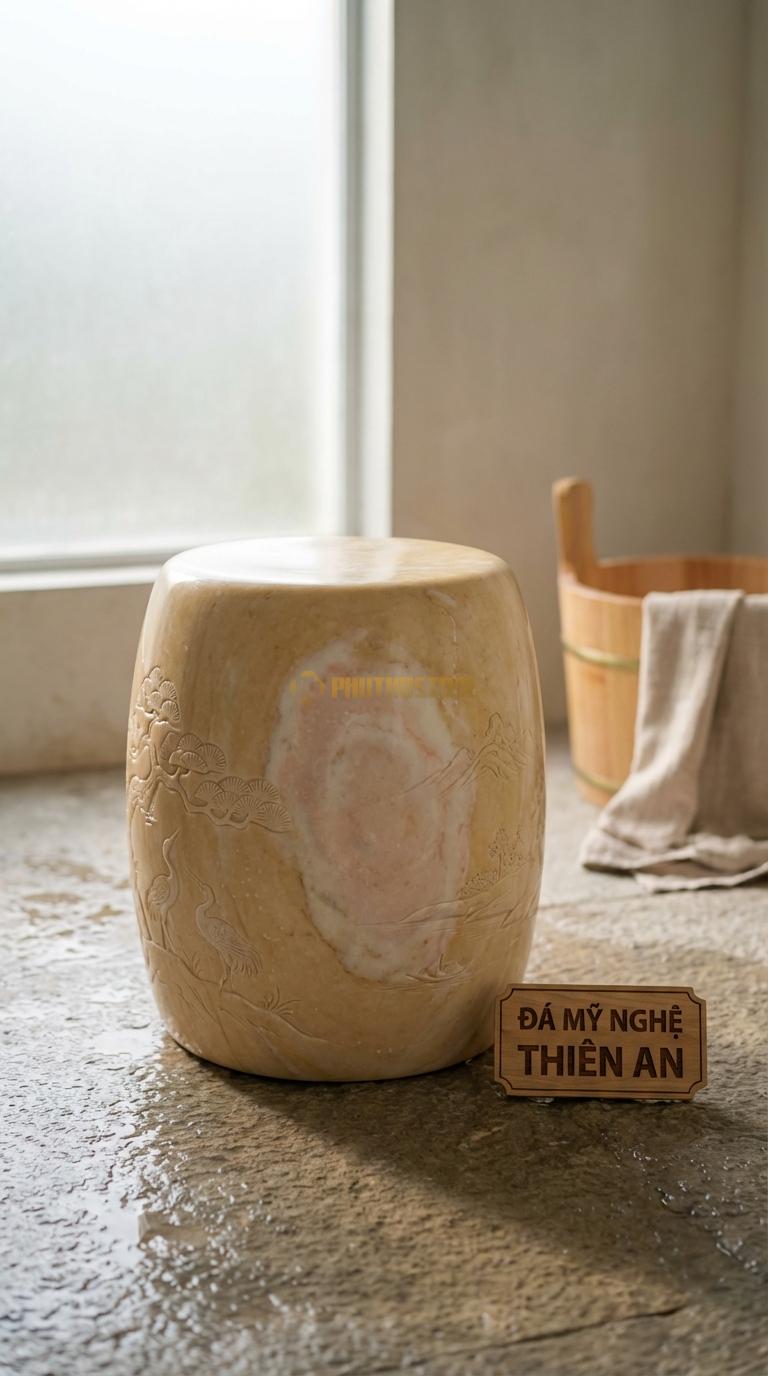 Đôn Đá Vàng Nghệ An Chạm Tùng Hạc Thân Đôn Chạm Tranh Phong Cảnh Tinh Xảo Đường Kính 32cm x H45cm