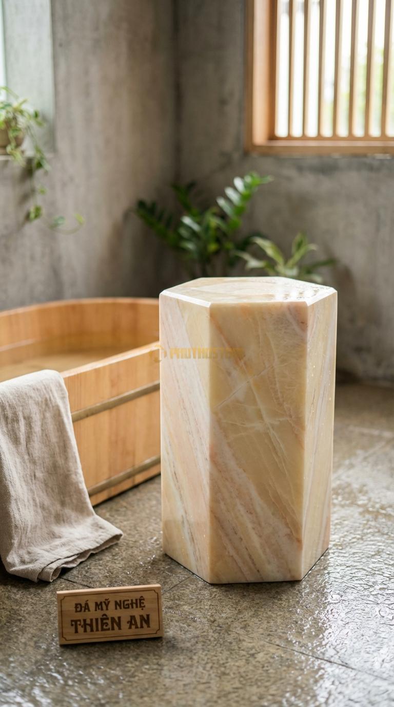 Đôn Đá Vàng Nghệ An Lục Giác Vát Cạnh Mặt Trên Lục Giác, Thân Vát Theo Hình Khối Cạnh 18cm x H45cm