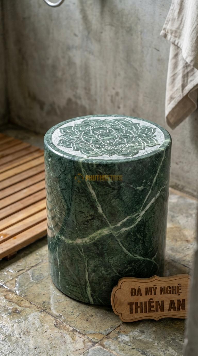 Đôn Đá Xanh Ấn Đá Chạm Hoa Văn Mandala Mặt Đôn Chạm Khắc Vòng Tròn Mandala Nghệ Thuật Đường Kính 30cm x H42cm