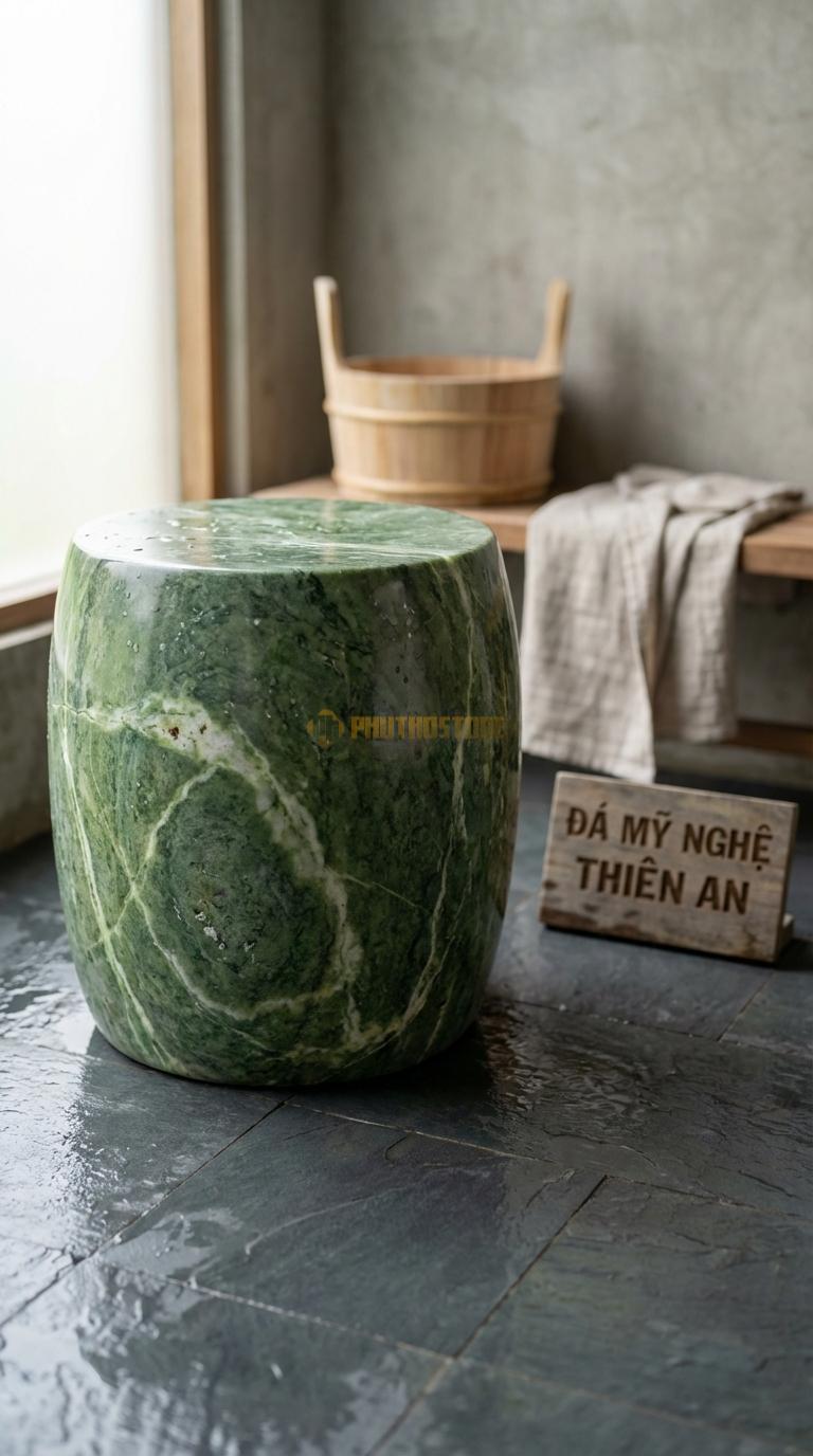 Đôn Đá Xanh Ấn Đá Cuội Đại Chế Tác Từ Viên Đá Cuội Khổng Lồ, Mặt Mài Phẳng Khoảng Đường Kính 40cm x H40cm