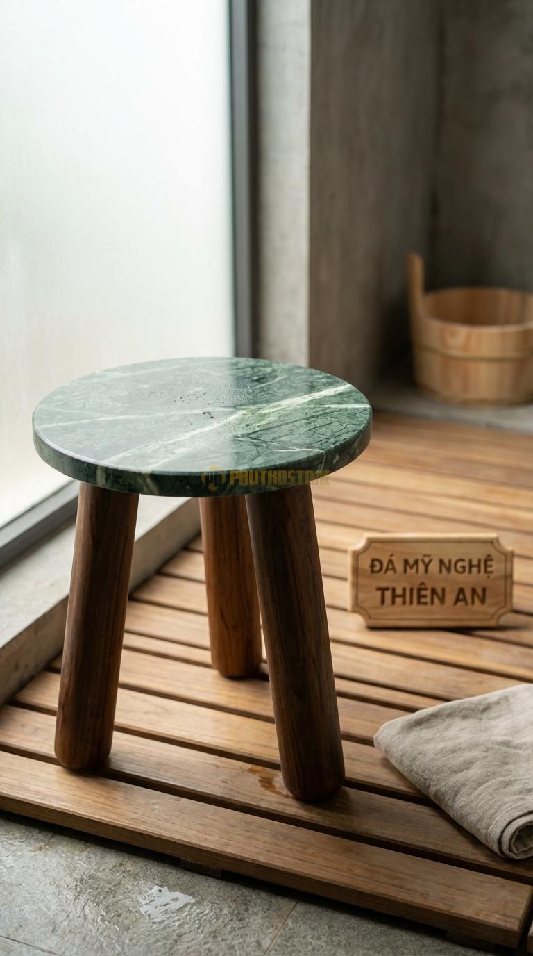 Đôn Đá Xanh Ấn Đá Kết Hợp Gỗ Teak Mặt Đá, Chân Bằng Gỗ Teak Kháng Nước Đường Kính 35cm x H45cm