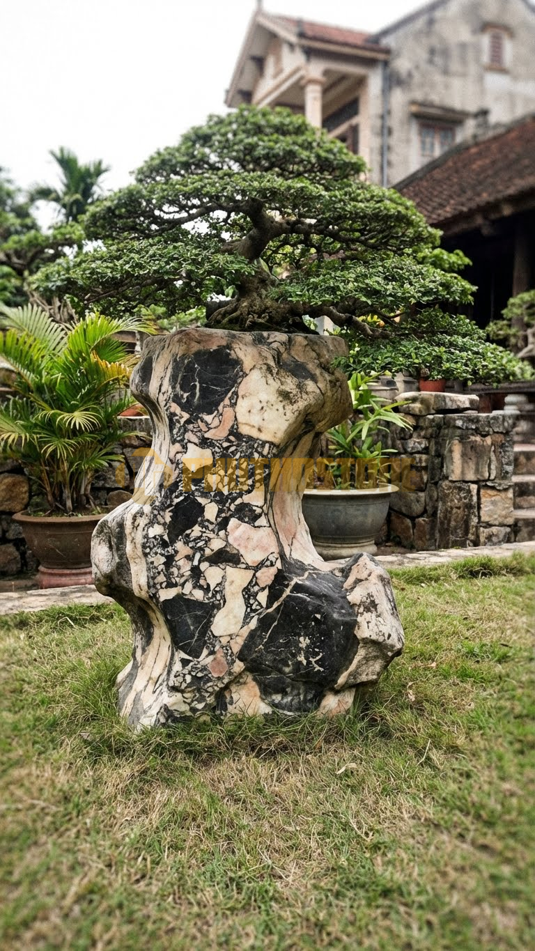 Đôn Kê Cây Cảnh Đá Da Báo Cừa Dáng Song Thụ – Dài 70cm, Rộng 50cm, Cao 55cm