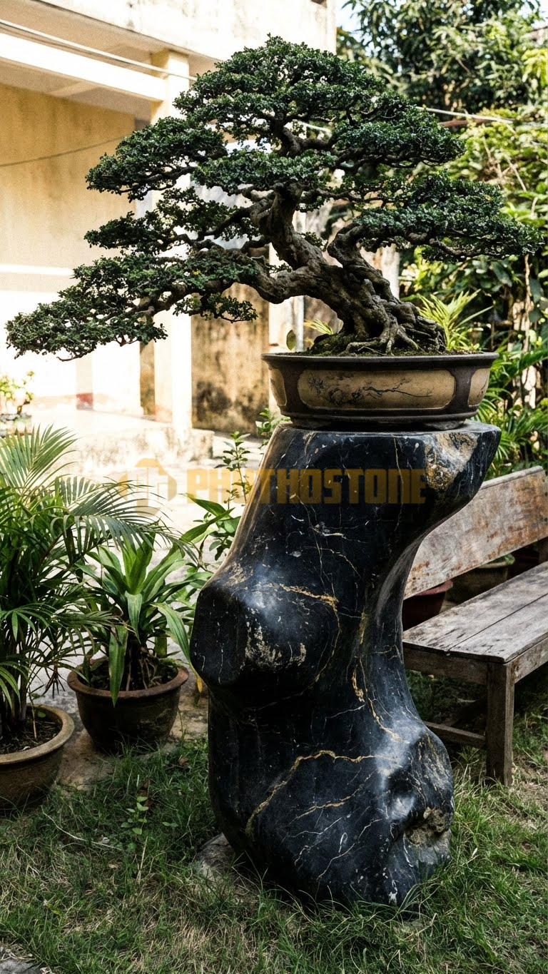 Đôn Kê Cây Cảnh Đá Đen Chỉ Nâu Hồng Ngọc Mai Tiểu Cảnh – Dài 45cm, Rộng 30cm, Cao 20cm