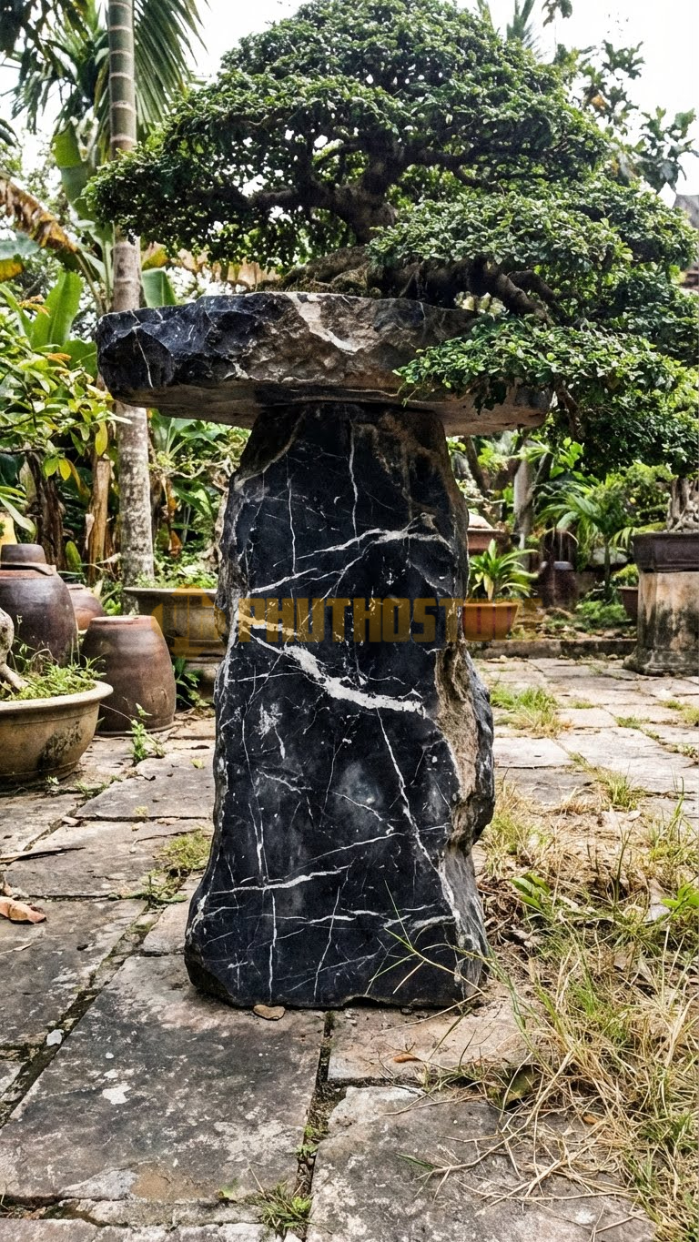 Đôn Kê Cây Cảnh Đá Đen Tia Chớp Si Búp Đỏ Ôm Đá – Dài 50cm, Rộng 40cm, Cao 60cm