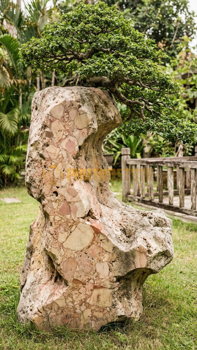 Đôn Kê Cây Cảnh Đá Hồng Bách Tiên Ông Dáng Lão – Dài 50cm, Rộng 50cm, Cao 50cm
