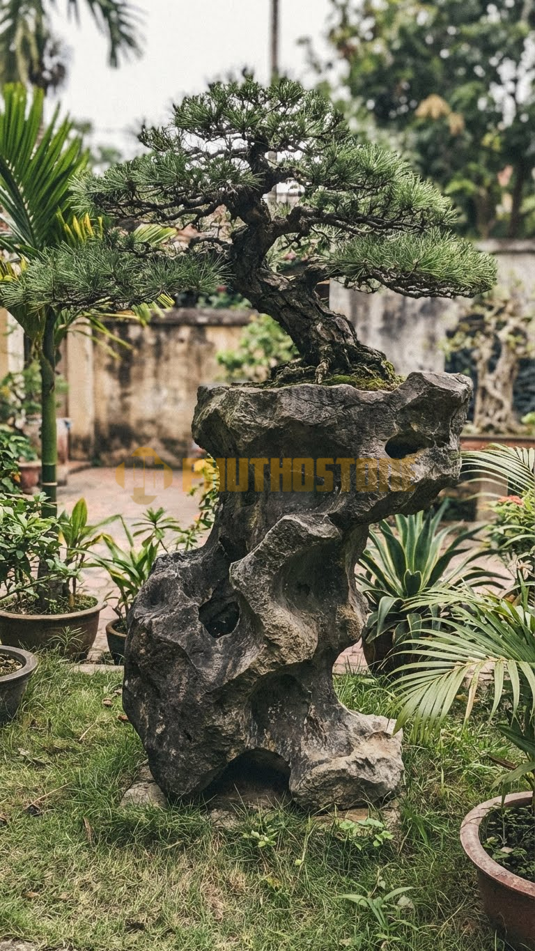 Đôn Kê Cây Cảnh Đá Hồng Thông Đen Nhật Bản Thác Đổ – Dài 30cm, Rộng 30cm, Cao 1M