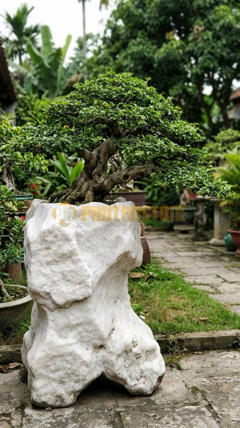 Đôn Kê Cây Cảnh Đá Trắng Muối Bách Tiên Ông Dáng Lão – Dài 50cm, Rộng 50cm, Cao 50cm