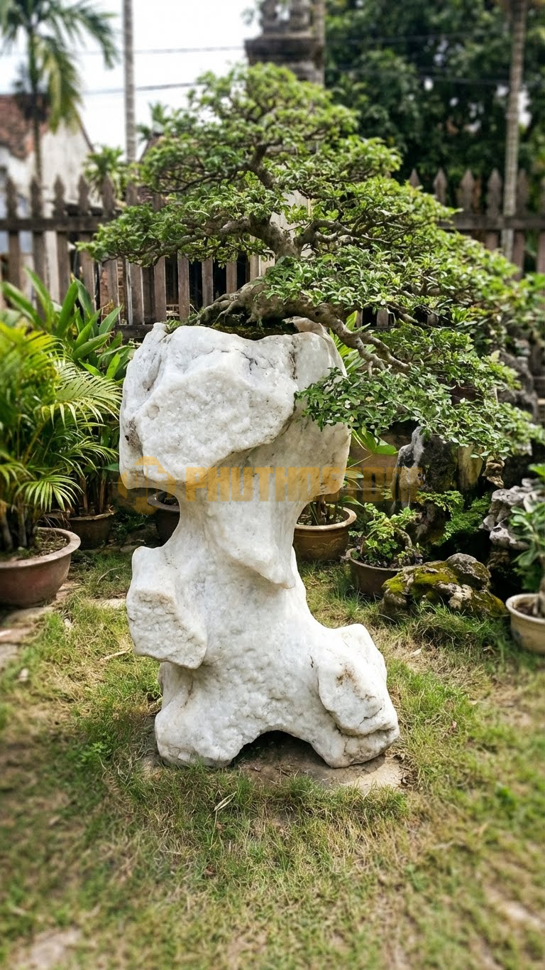 Đôn Kê Cây Cảnh Đá Trắng Muối Thông Nhựa Dáng Bạt Phong – Dài 50cm, Rộng 40cm, Cao 70cm