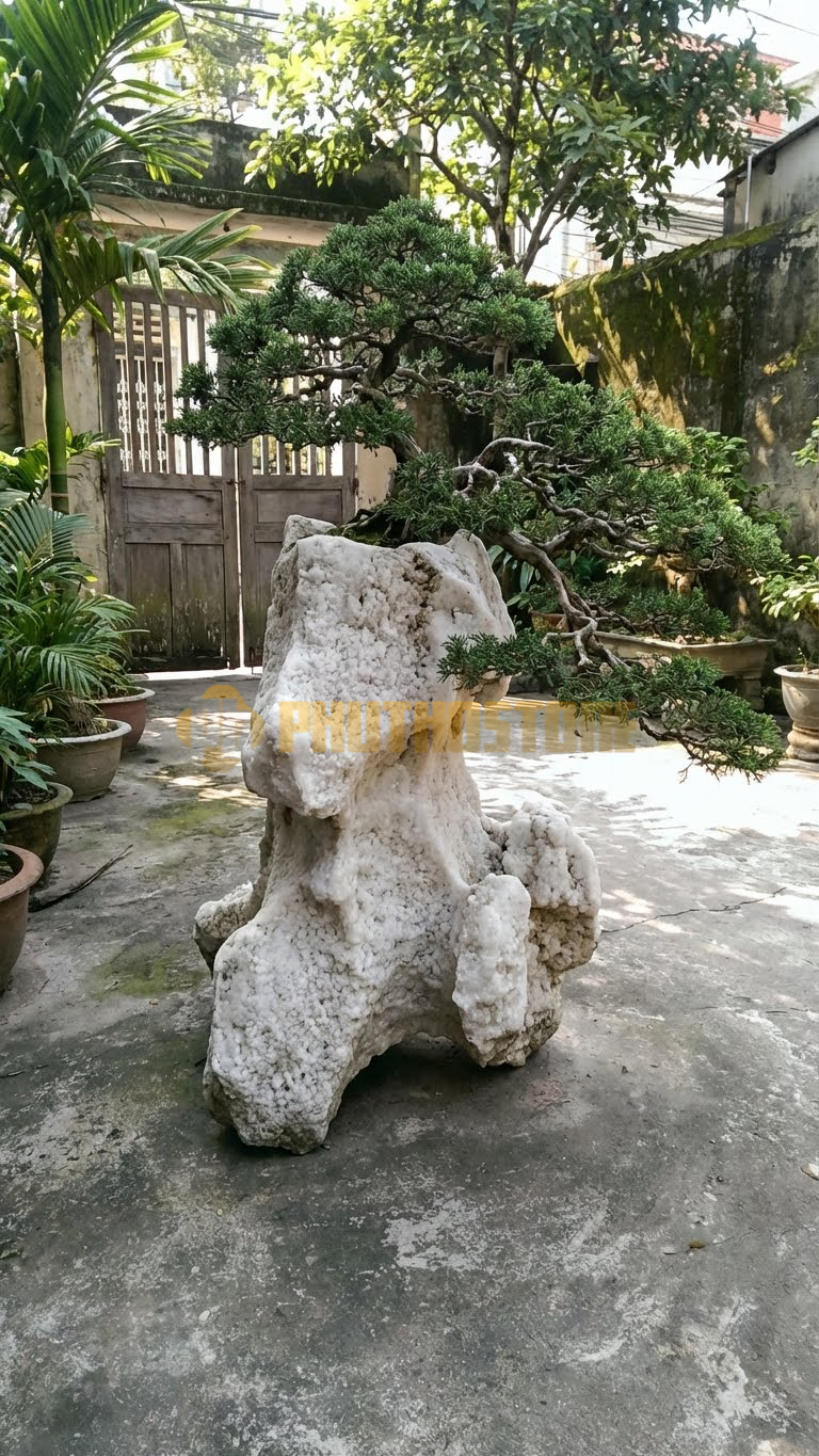 Đôn Kê Cây Cảnh Đá Trắng Muối Tùng Cối Dáng Hoành – Dài 40cm, Rộng 40cm, Cao 75cm