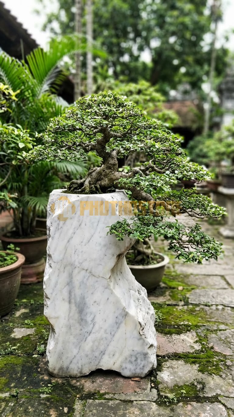 Đôn Kê Cây Cảnh Đá Trắng Yên Bái Hồng Ngọc Mai Tiểu Cảnh – Dài 45cm, Rộng 30cm, Cao 20cm