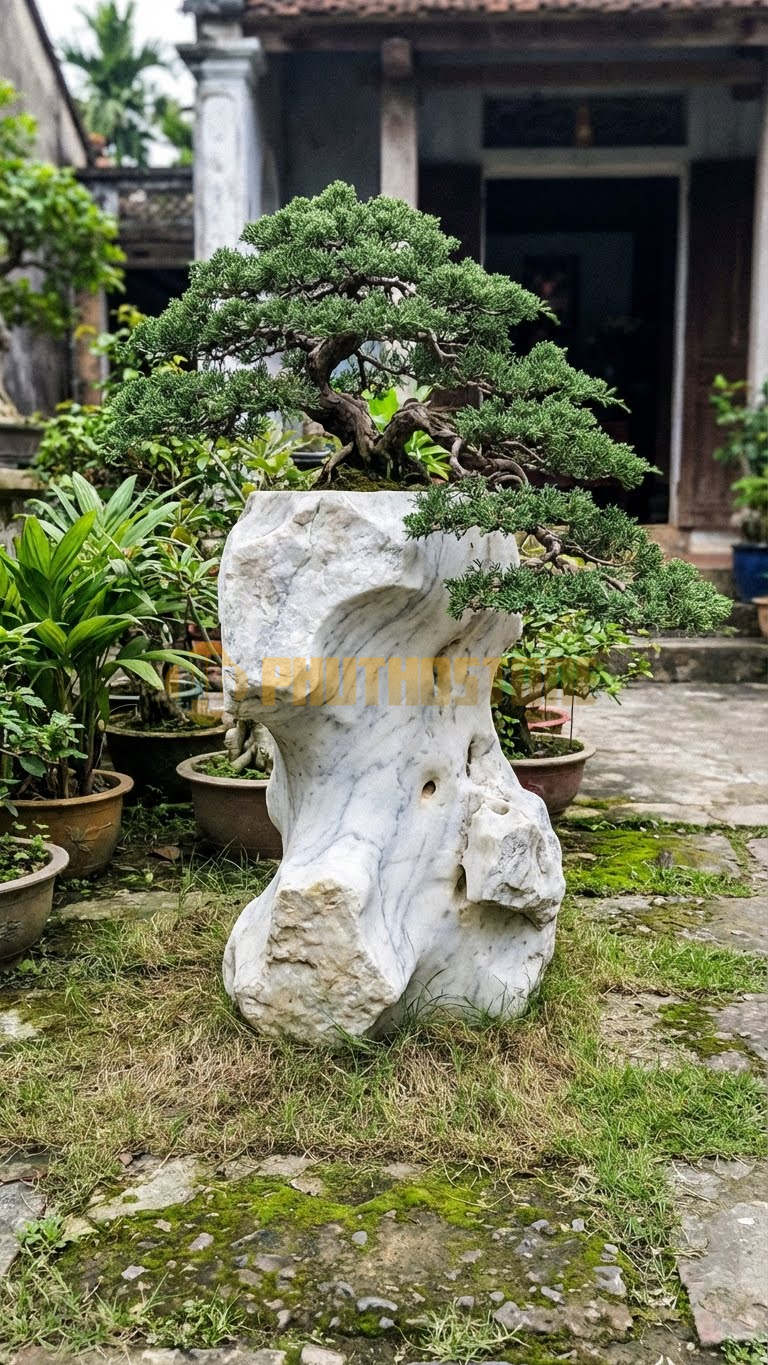 Đôn Kê Cây Cảnh Đá Trắng Yên Bái Tùng Cối Dáng Hoành – Dài 40cm, Rộng 40cm, Cao 75cm