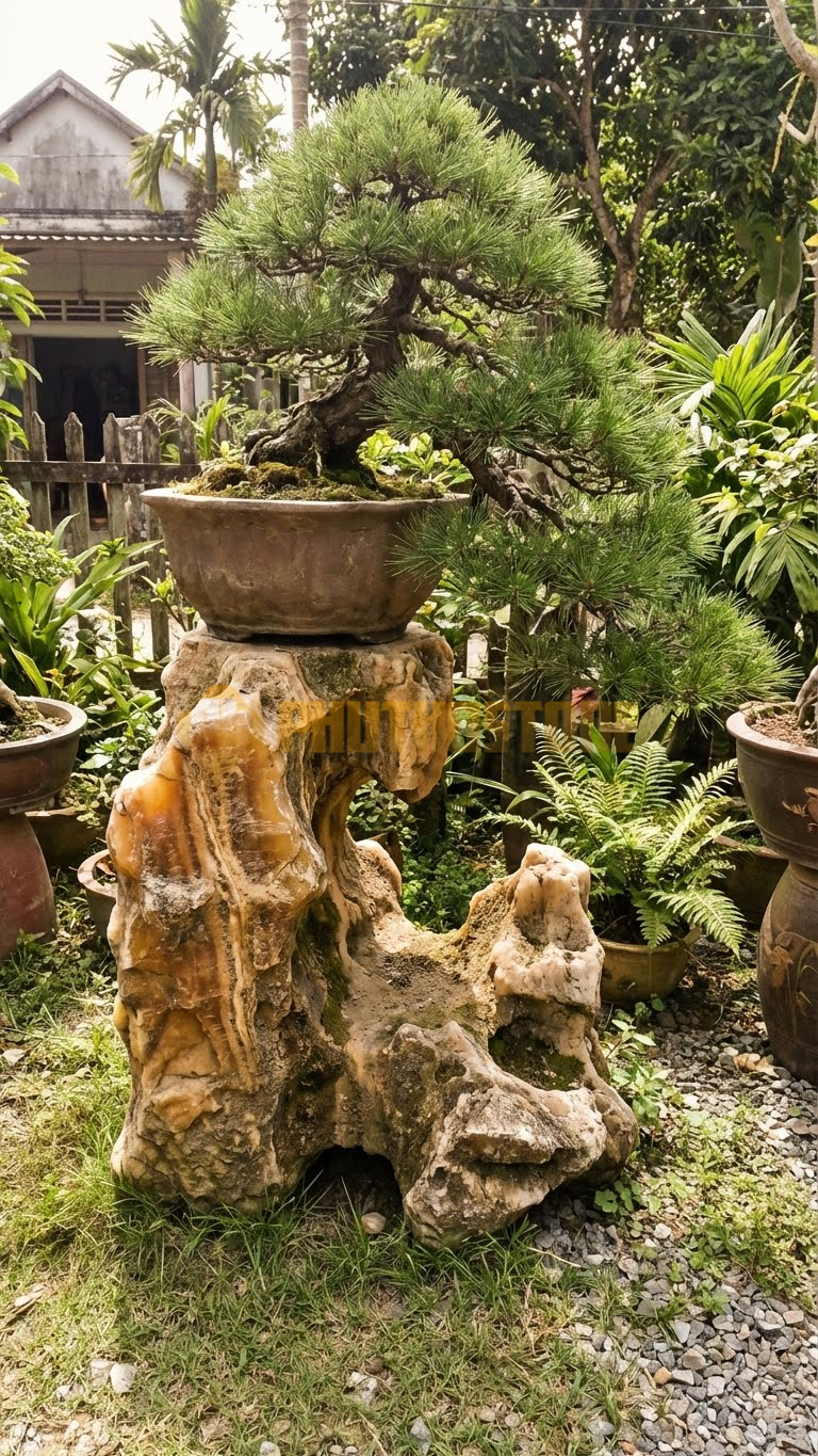 Đôn Kê Cây Cảnh Đá Vân Gỗ Thông Đen Nhật Bản Thác Đổ – Dài 30cm, Rộng 30cm, Cao 1M