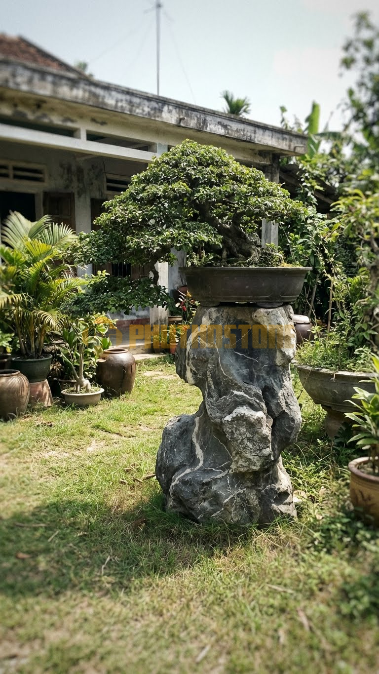 Đôn Kê Cây Cảnh Đá Vân Mây Đa Búp Đỏ Dáng Văn Nhân – Dài 45cm, Rộng 45cm, Cao 90cm