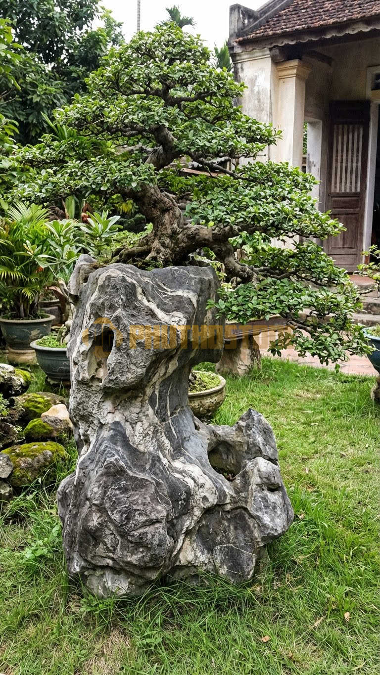 Đôn Kê Cây Cảnh Đá Vân Mây Đa Lông Dáng Làng Quê – Dài 80cm, Rộng 80cm, Cao 60cm