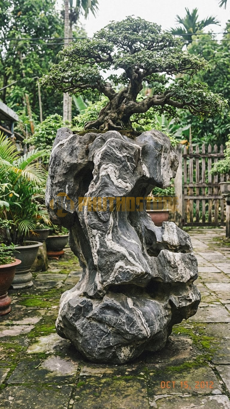 Đôn Kê Cây Cảnh Đá Vân Mây Sanh Phúc Am Dáng Long – Dài 50cm, Rộng 50cm, Cao 1M2