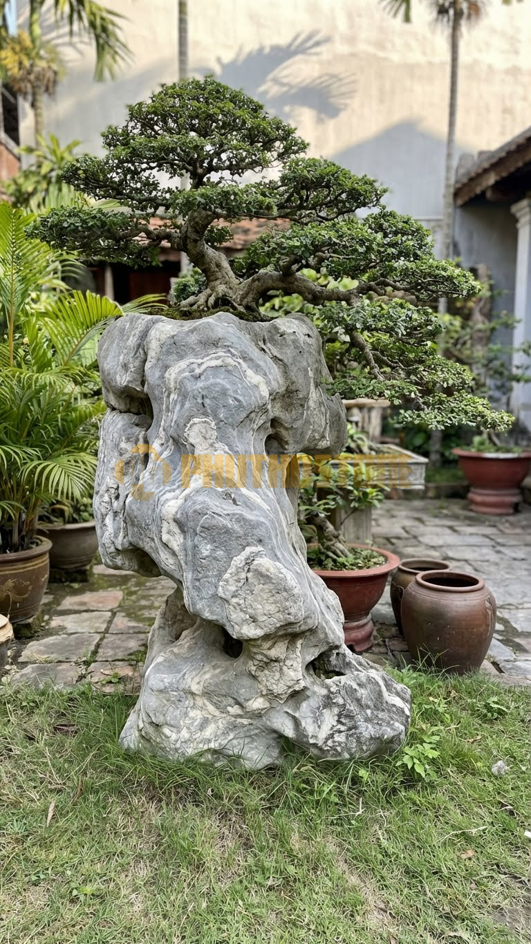 Đôn Kê Cây Cảnh Đá Vân Mây Sanh Quê Cổ Thụ Bệ Vách – Dài 80cm, Rộng 60cm, Cao 45cm