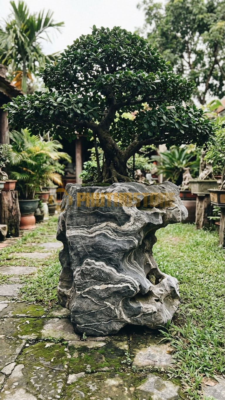 Đôn Kê Cây Cảnh Đá Vân Mây Si Búp Đỏ Ôm Đá – Dài 50cm, Rộng 40cm, Cao 60cm