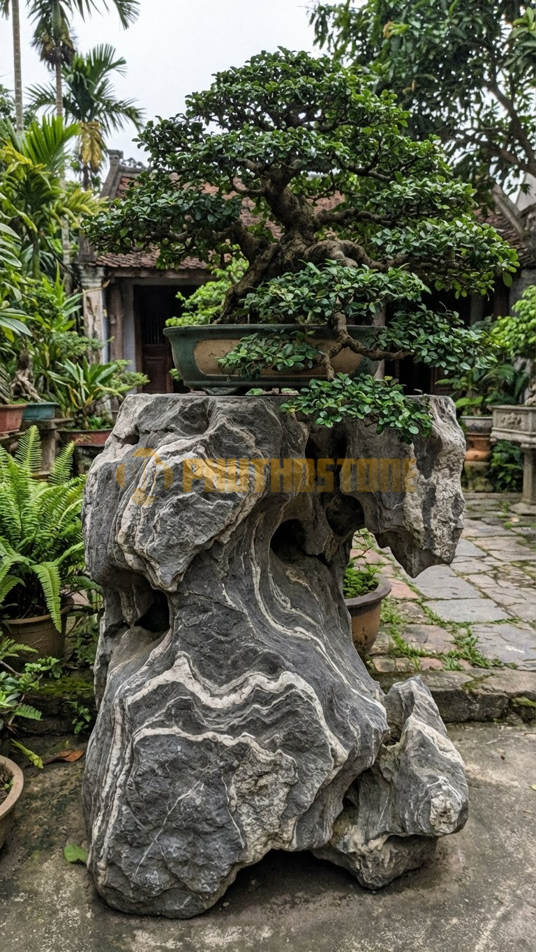 Đôn Kê Cây Cảnh Đá Vân Mây Si Trắng Kỳ Lân – Dài 60cm, Rộng 60cm, Cao 50cm