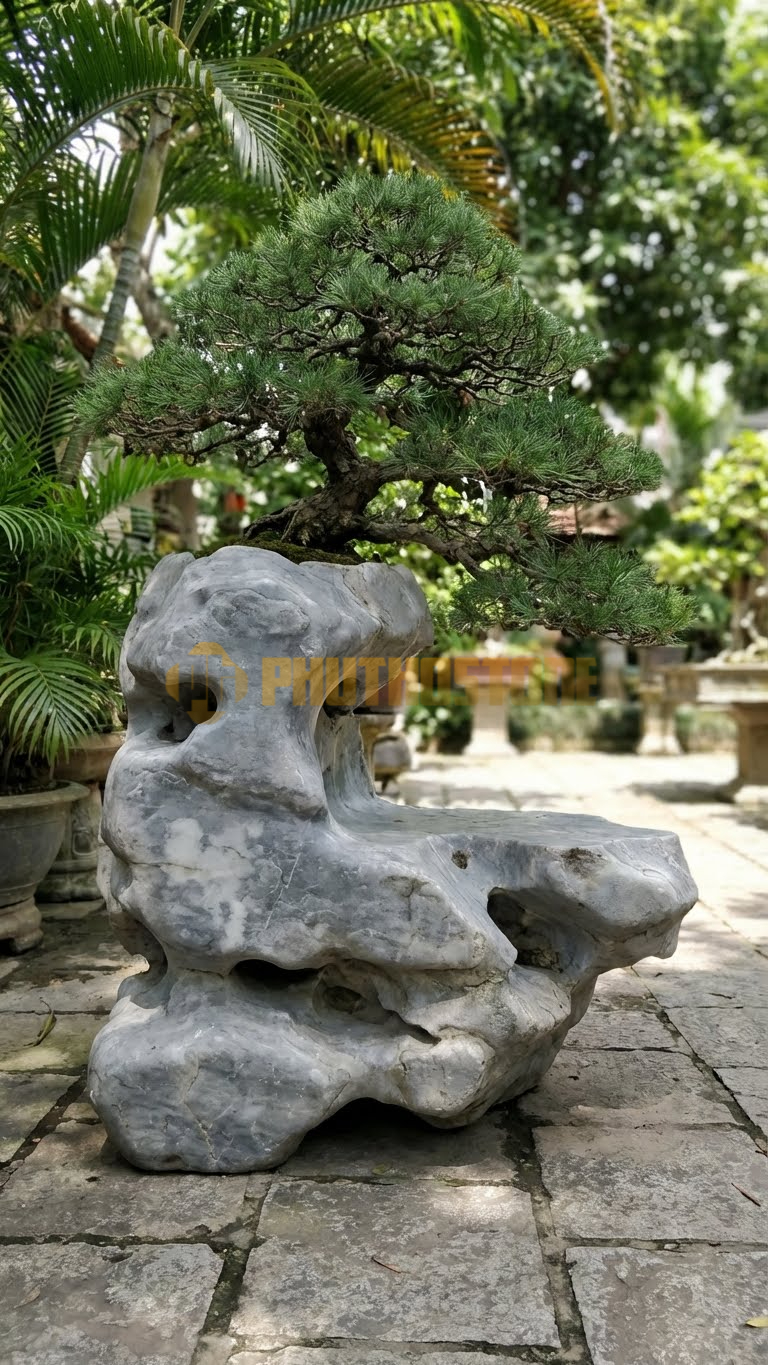Đôn Kê Cây Cảnh Đá Xám Vân Mây Cừa Dáng Song Thụ – Dài 70cm, Rộng 50cm, Cao 55cm