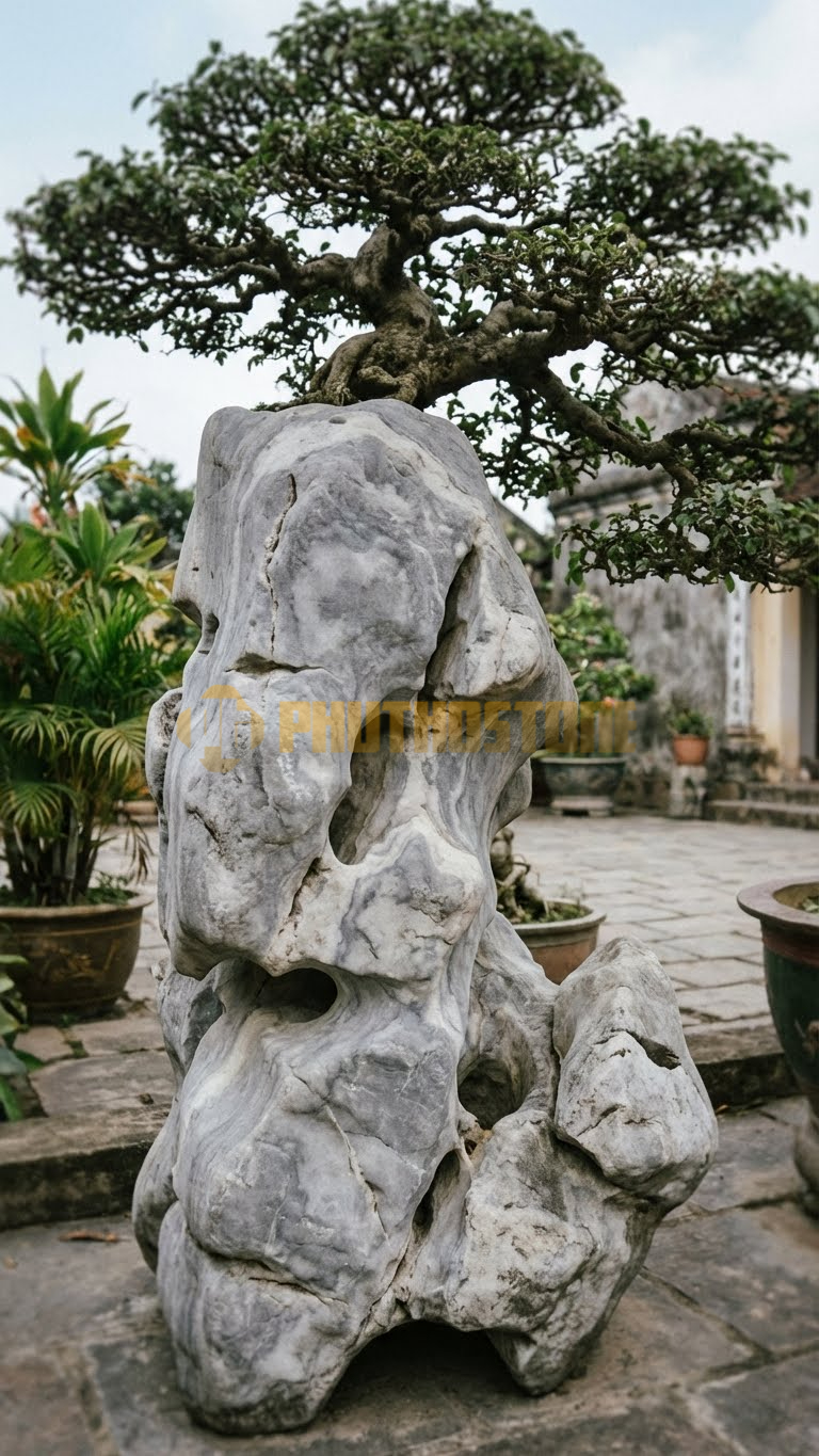 Đôn Kê Cây Cảnh Đá Xám Vân Mây Đa Búp Đỏ Dáng Văn Nhân – Dài 45cm, Rộng 45cm, Cao 90cm