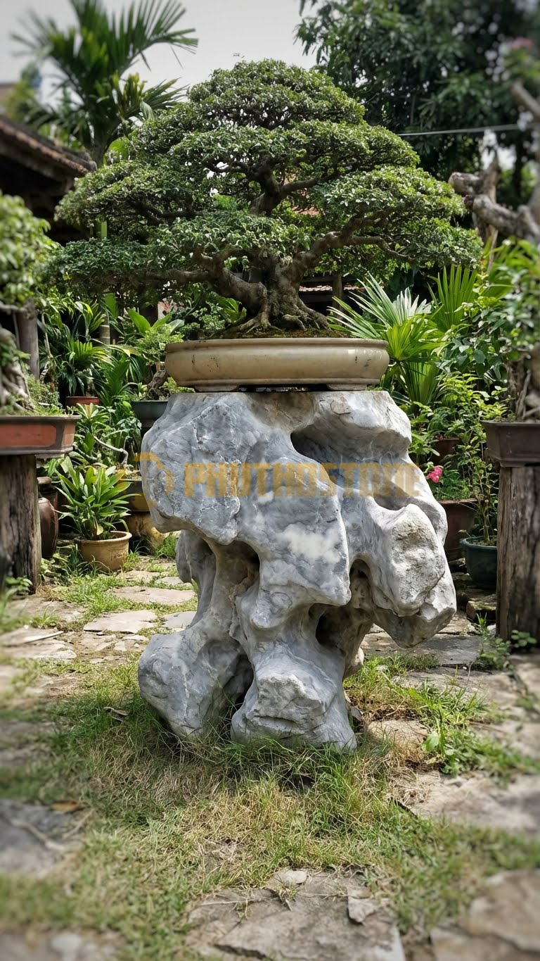 Đôn Kê Cây Cảnh Đá Xám Vân Mây Sanh Ký Đá Thấm Thủy – Dài 60cm, Rộng 40cm, Cao 55cm