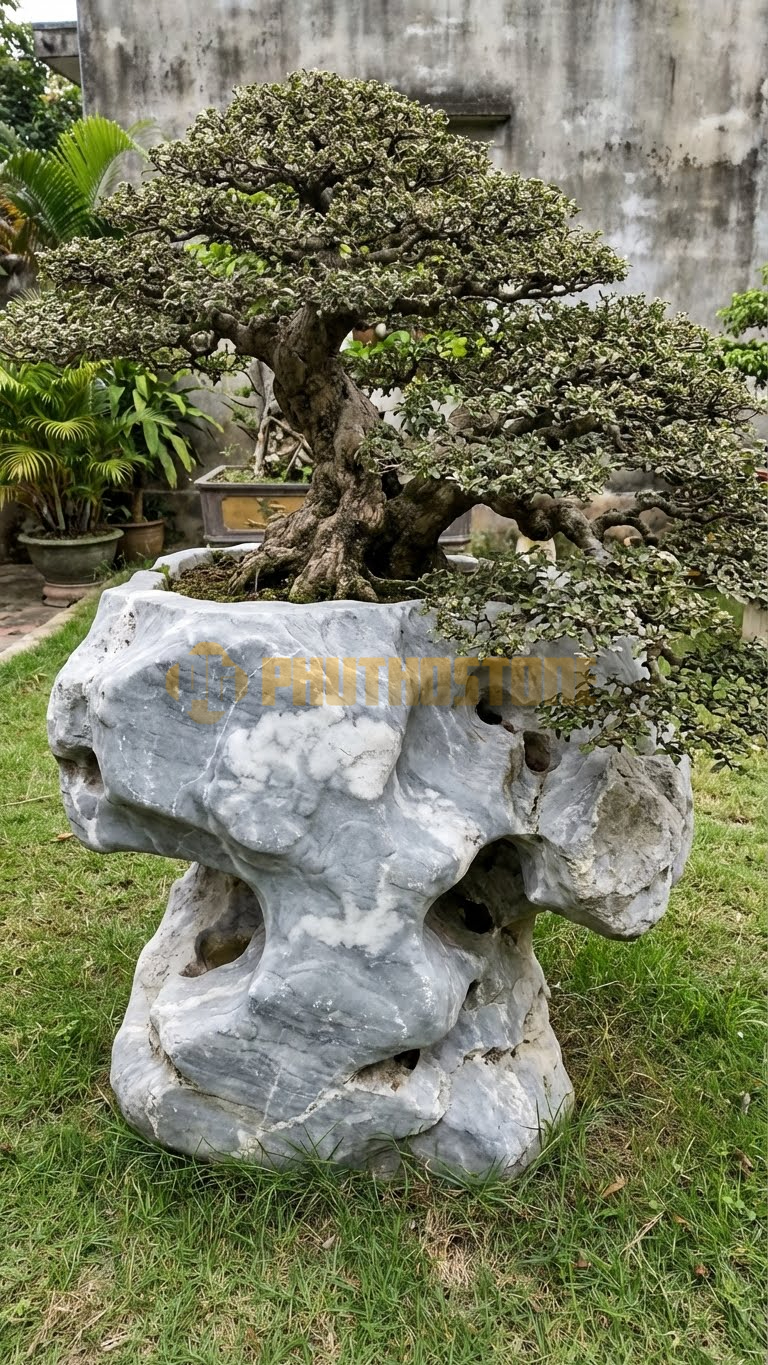 Đôn Kê Cây Cảnh Đá Xám Vân Mây Sanh Quê Cổ Thụ Bệ Vách – Dài 80cm, Rộng 60cm, Cao 45cm