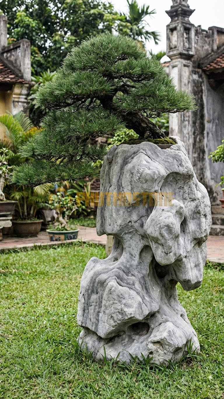Đôn Kê Cây Cảnh Đá Xám Vân Mây Thông Đen Nhật Bản Thác Đổ – Dài 30cm, Rộng 30cm, Cao 1M
