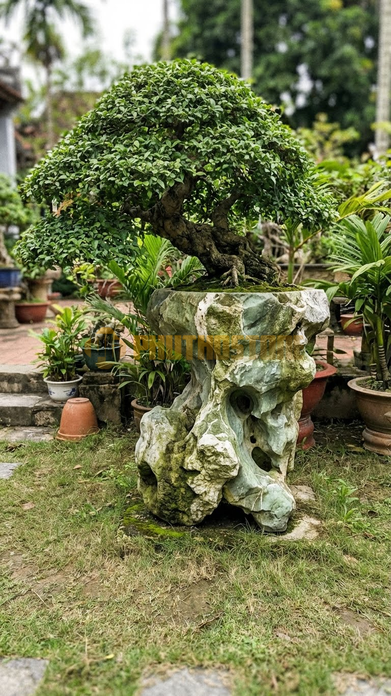 Đôn Kê Cây Cảnh Đá Xanh Ấn Si Trắng Kỳ Lân – Dài 60cm, Rộng 60cm, Cao 50cm