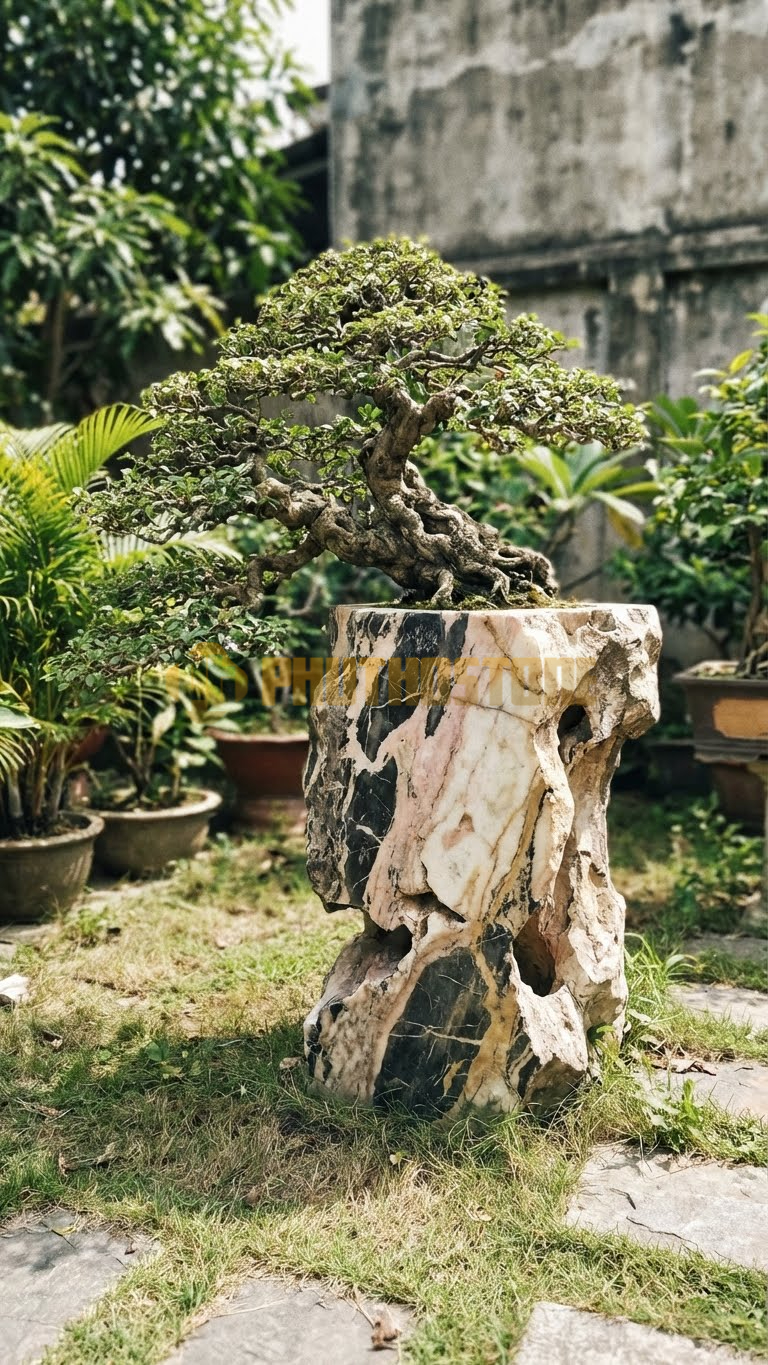 Đôn Kê Chậu Cây Đá Da Báo Bonsai Sanh Cổ Dáng Lão Mai – Dài 55cm, Rộng 55cm, Cao 80cm