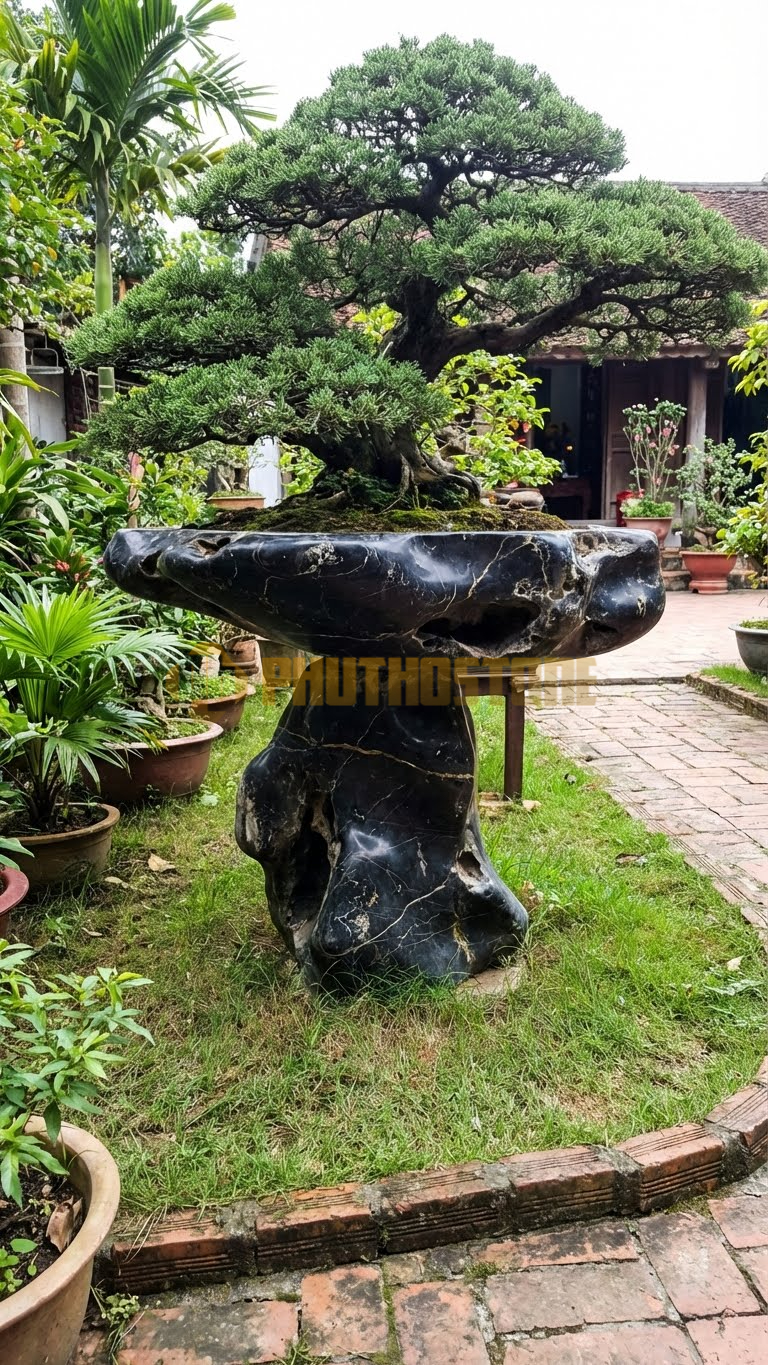 Đôn Kê Chậu Cây Đá Đen Chỉ Nâu Bonsai Duyên Tùng Văn Nhân – Dài 35cm, Rộng 35cm, Cao 90cm