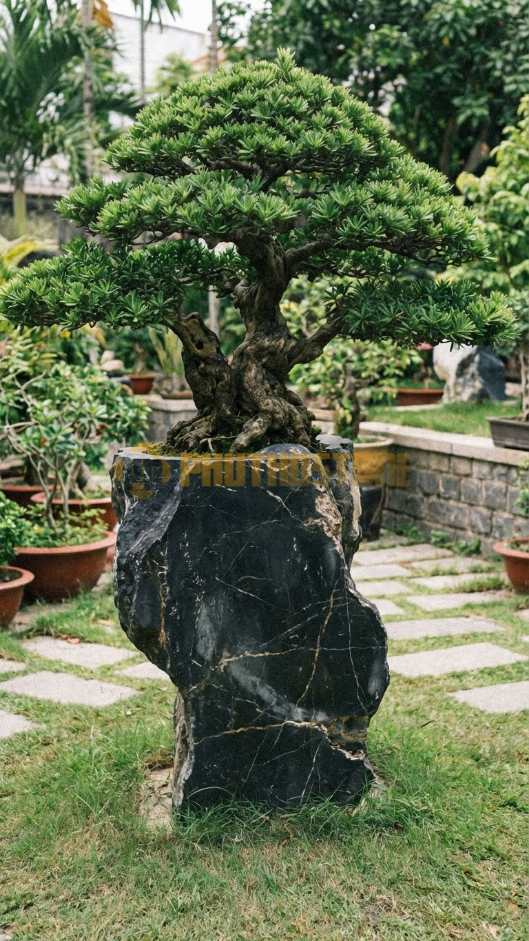 Đôn Kê Chậu Cây Đá Đen Chỉ Nâu Bonsai Tùng La Hán Dáng Trực – Dài 40cm, Rộng 40cm, Cao 80cm