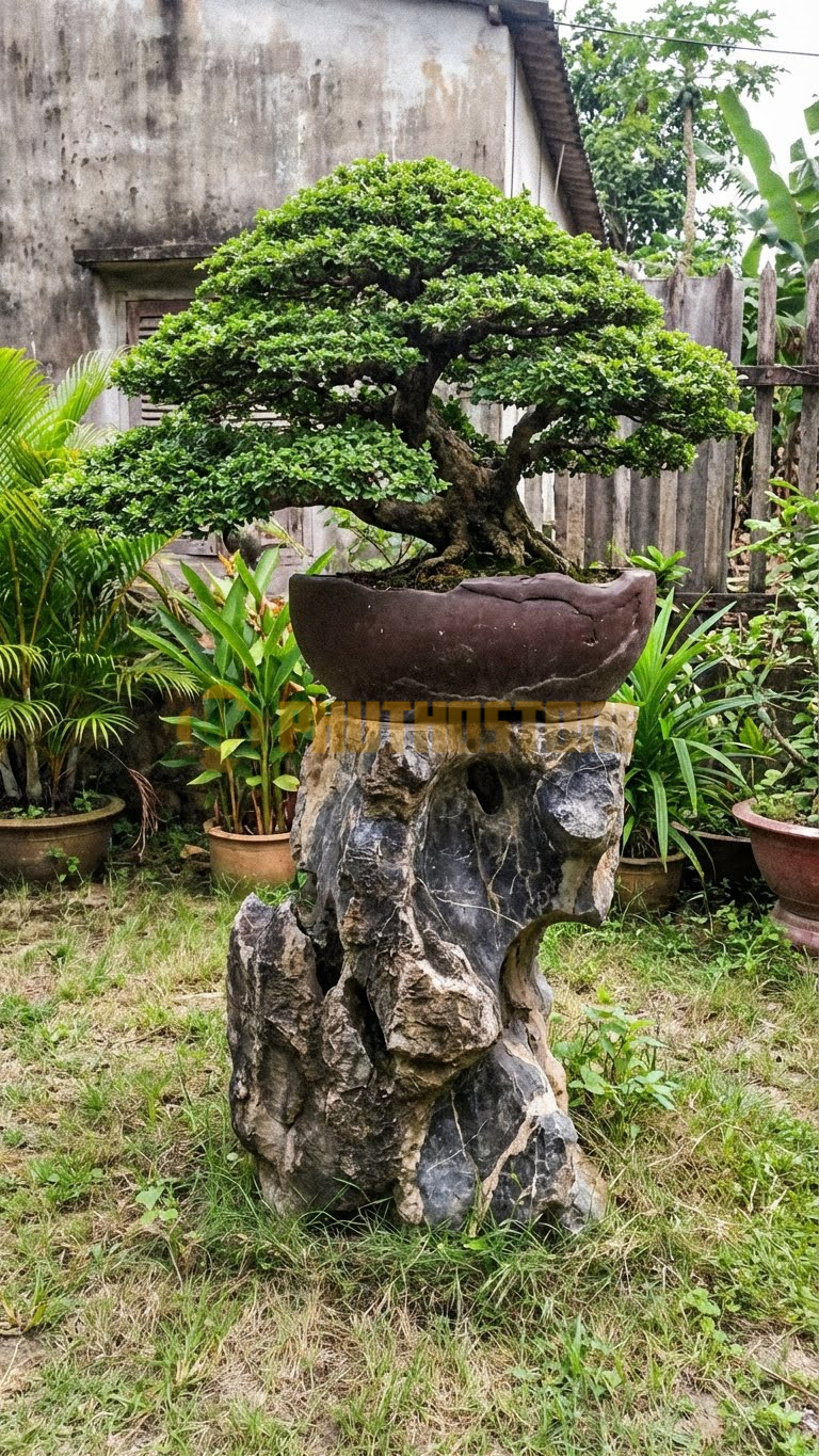 Đôn Kê Chậu Cây Đá Đen Chỉ Nâu Bonsai Tùng La Hán Lá Dài – Dài 55cm, Rộng 55cm, Cao 85cm