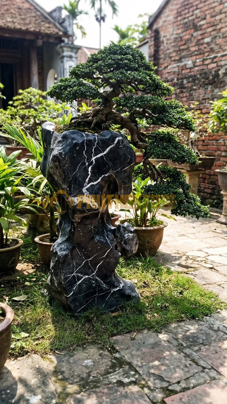 Đôn Kê Chậu Cây Đá Đen Tia Chớp Bonsai Sanh Dáng Thác Đổ – Dài 35cm, Rộng 35cm, Cao 1M