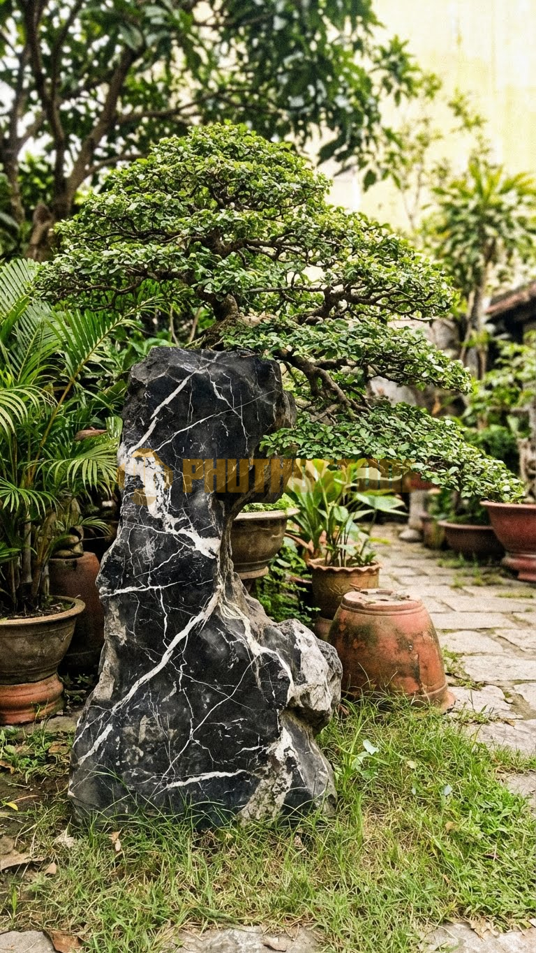 Đôn Kê Chậu Cây Đá Đen Tia Chớp Bonsai Sanh Hoàn Thiện Dăm Chi – Dài 55cm, Rộng 40cm, Cao 70cm
